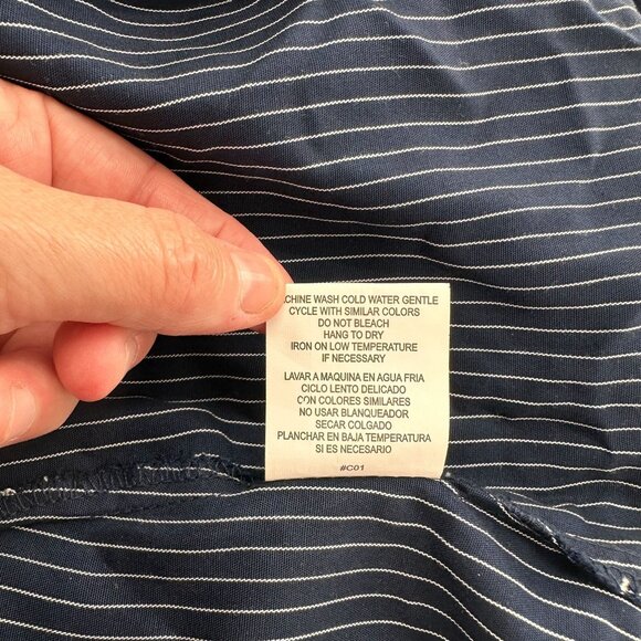 Luxology Navy Pinstripe Ruffle Sleeve Dress 8 Rayon Tencel Striped Old Money - Picture 6 of 10